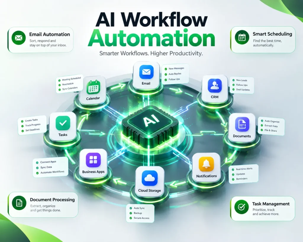 AI workflow automation connecting email, calendar, documents, tasks, and business applications