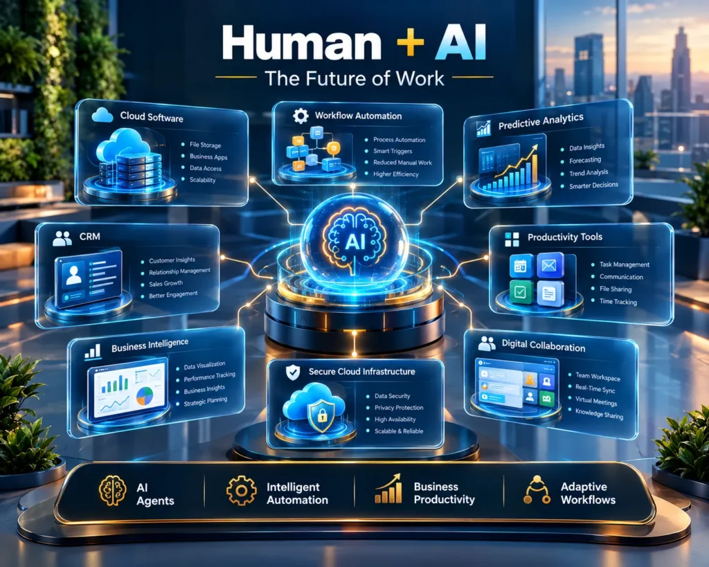 Future workplace ecosystem showing AI agents, intelligent automation, and human AI collaboration