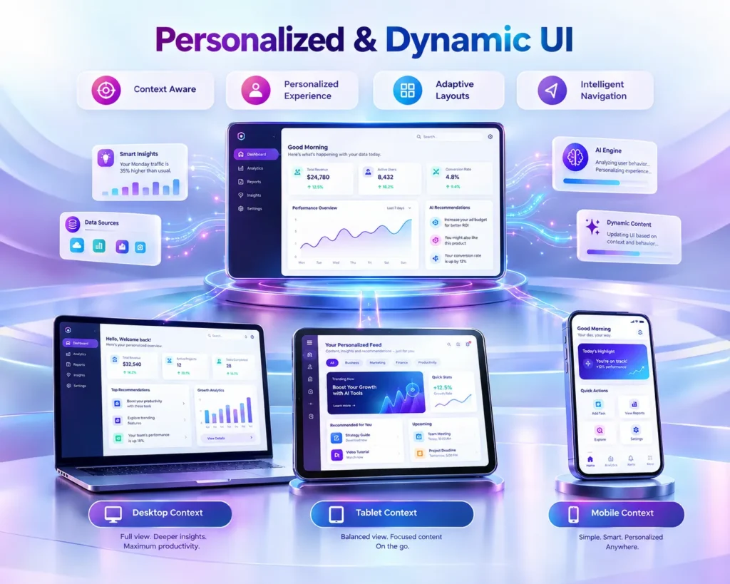 3D personalized Generative UI infographic showing adaptive dashboards and dynamic user interface experiences